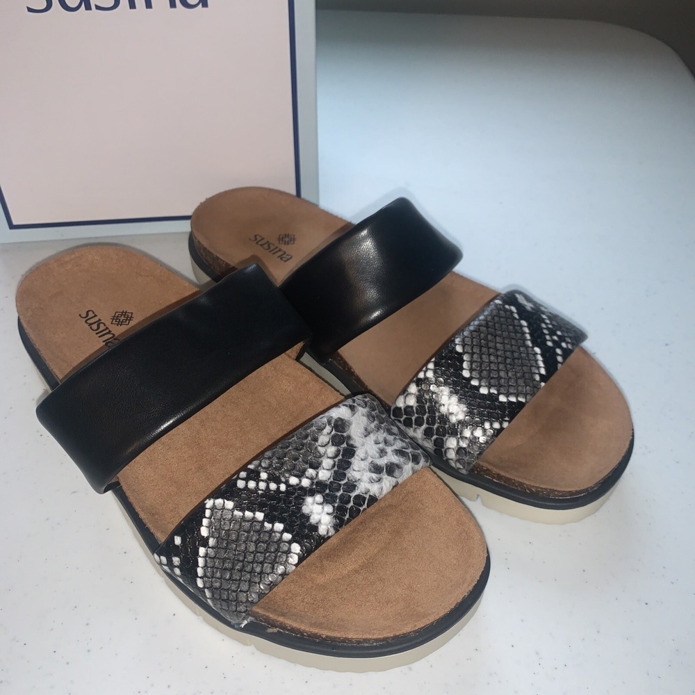 Susina Shoes Womens Size 6.5 Luisa Sandal Black White Snake